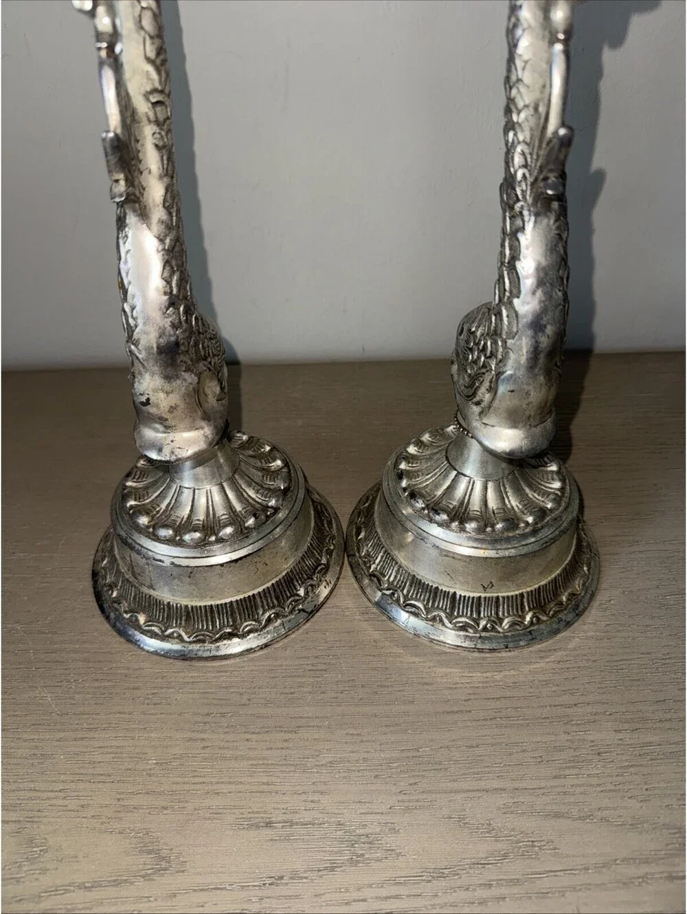 Hollywood Regency Style Silver Plated Dolphin Koi Fish Tall Candle Holders 16 in